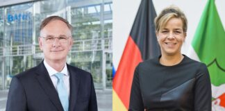 Michael Stölting, NRW.Bank, und Mona Neubaur, Ministerin für Wirtschaft, Industrie, Klimaschutz und Energie des Landes Nordrhein-Westfalen (c) NRW.Bank/ Land NRW / Michael Gottschalk